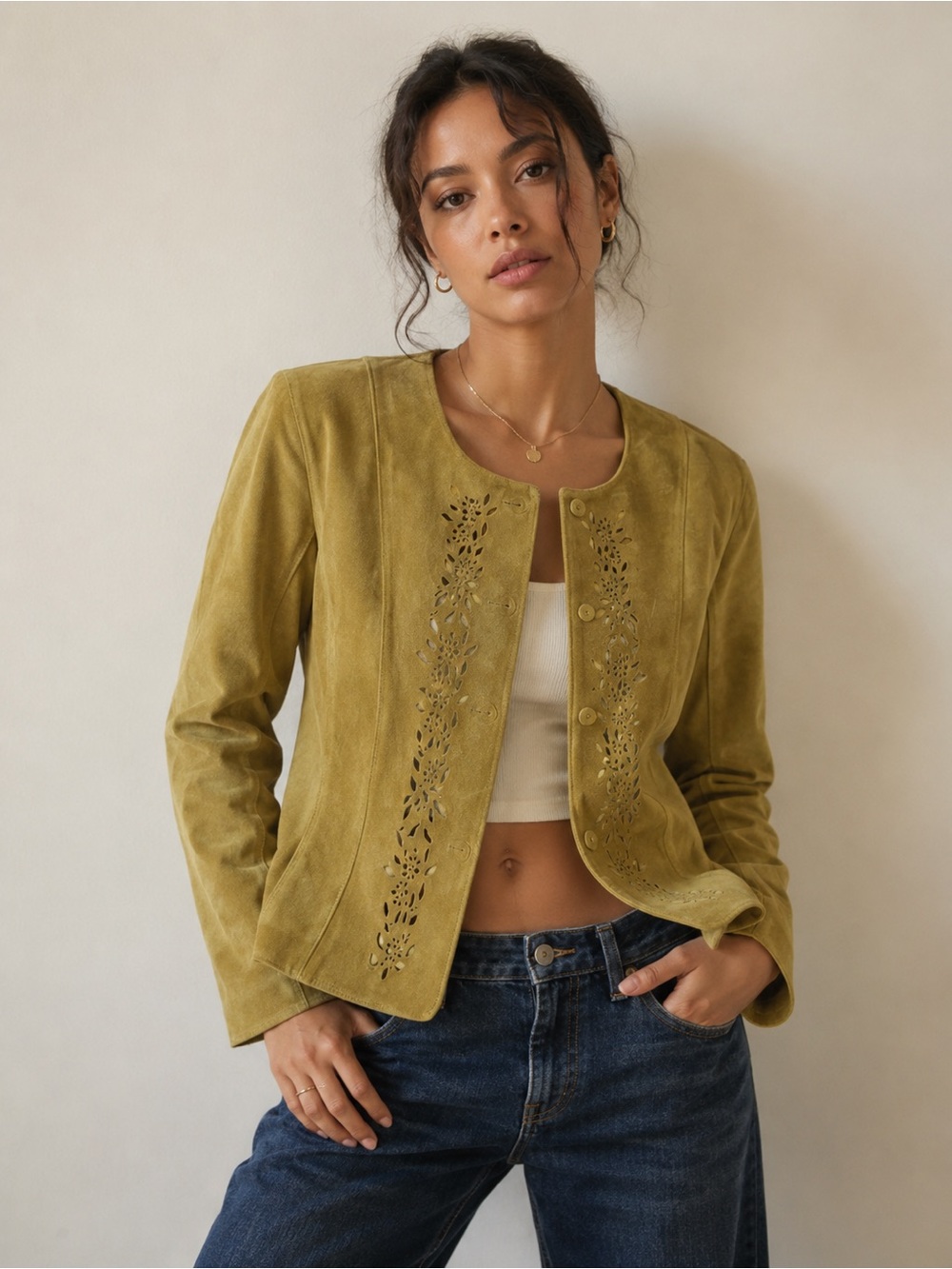 J.Jill Genuine Suede Cottagecore Jacket Laser Cut Floral Button Front